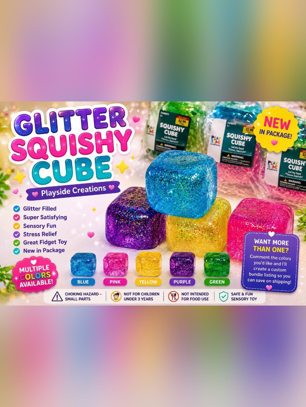 Playside Creations Glitter Squishy Cube Sensory Stress‎ Toy NWT Color Choice